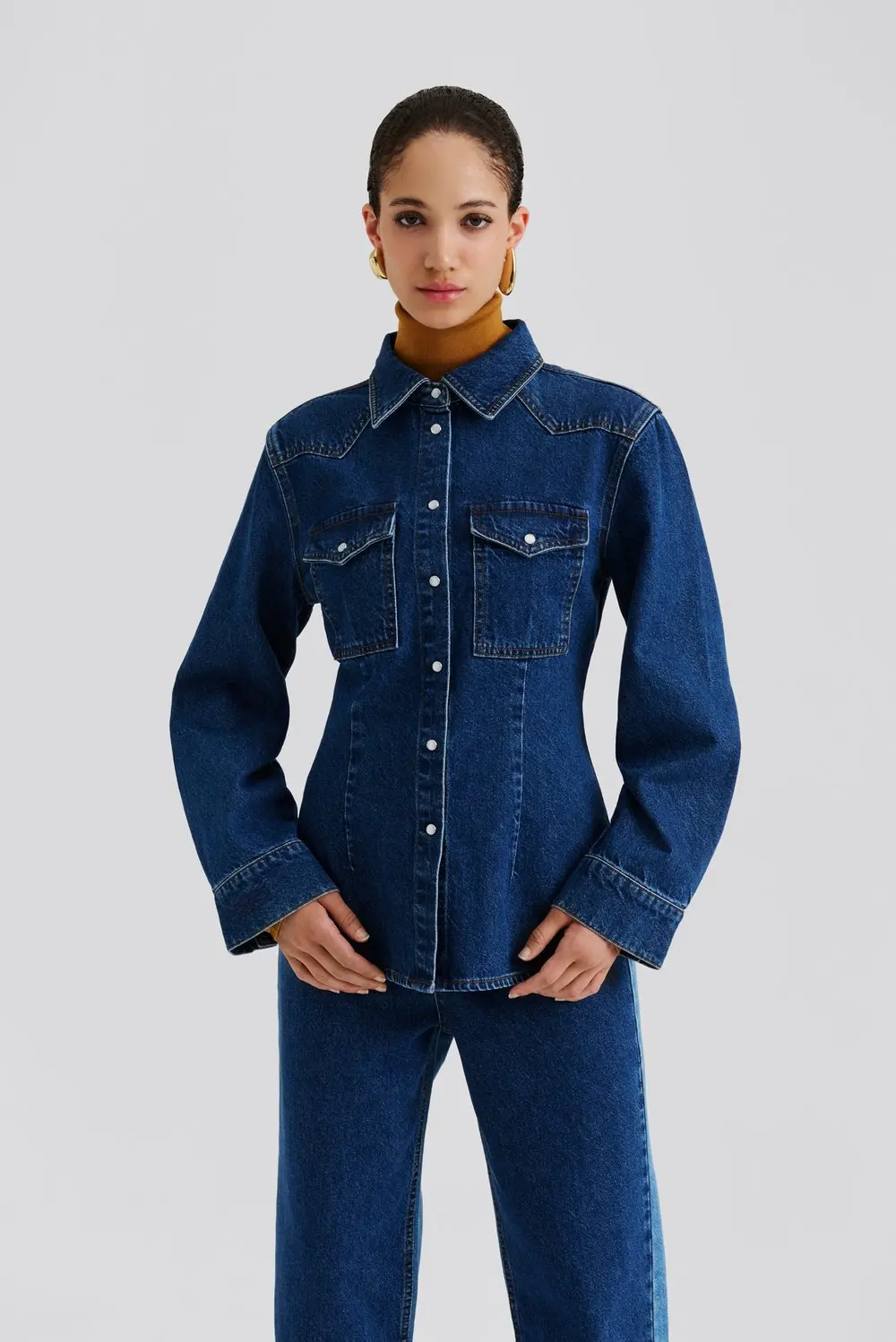 Bluser | Anthea Fitted Waist Denim Shirt Dark Blue Wash